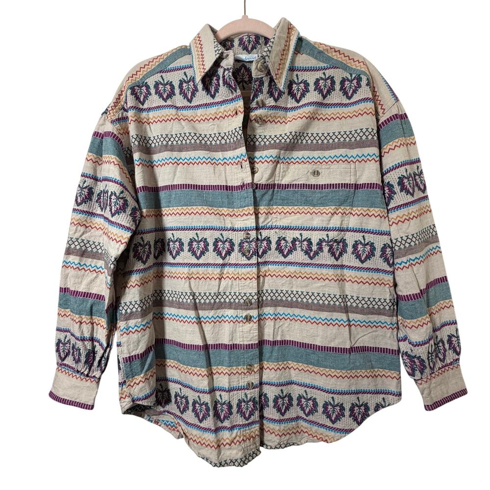 Md Vtg Backroad Blues Shirt Geometric Leaf Khaki Button Up Western Grandpa Gorp